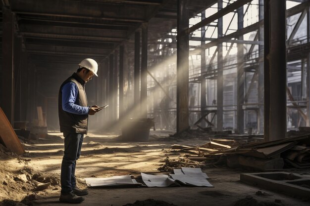 foto-ingenieur inspecteert zijn werk op de bouwplaats