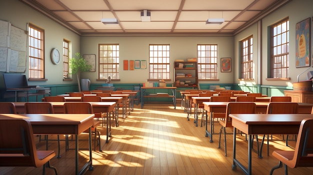 Foto-interieuraanzichten van een leeg klaslokaal in Japanse stijl 3D-weergave gegenereerd door AI