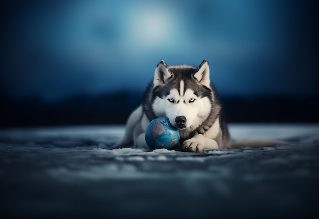 Foto internationale hondendag Siberische Husky met wereldbol
