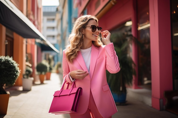 Foto jong meisje in roze broekpak praat op haar mobiele telefoon met kleurrijke winkelzakken in handen