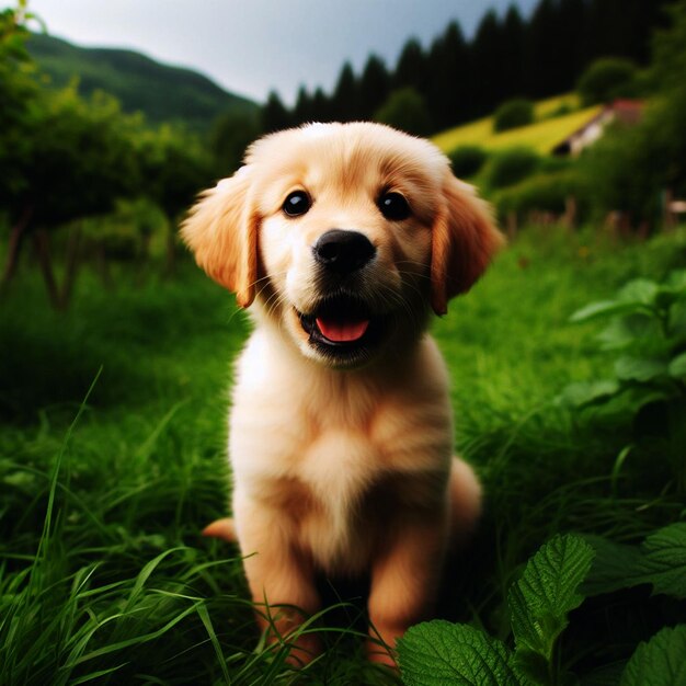 Foto foto jonge puppy zit in de natuur op zoek schattig ai genereren