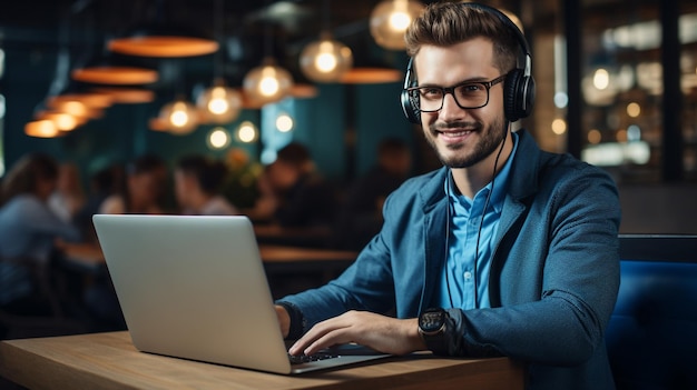 foto jonge zelfverzekerde kantoorwerker man op koptelefoon zit aan het bureau met kantoor gegenereerd door AI