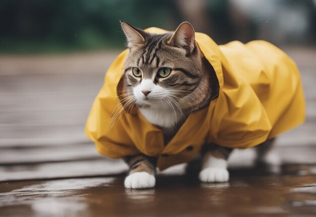 Foto foto kat in de regen met gele anorak illustratie van schattig kitten