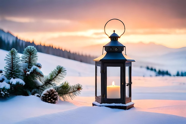 foto kerstlantaarn met dennen tak en decoratie op besneeuwde tafel defocused achtergrond