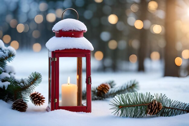 Foto foto kerstlantaarn met dennen tak en decoratie op besneeuwde tafel defocused achtergrond