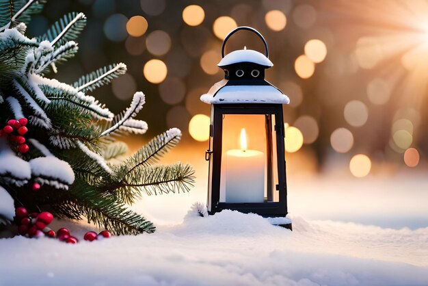 Foto foto kerstlantaarn met dennentak en decoratie op besneeuwde tafel intreepupil achtergrond