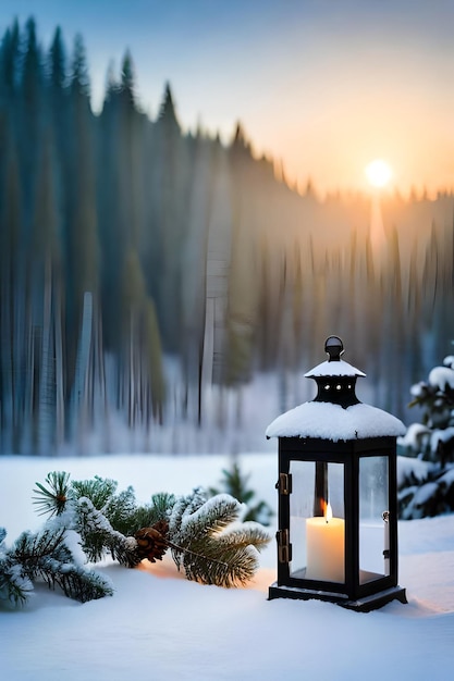 foto kerstlantaarn met dennentak en decoratie op besneeuwde tafel intreepupil achtergrond