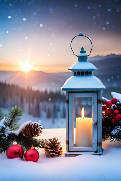 foto kerstlantaarn met dennentak en decoratie op besneeuwde tafel intreepupil achtergrond