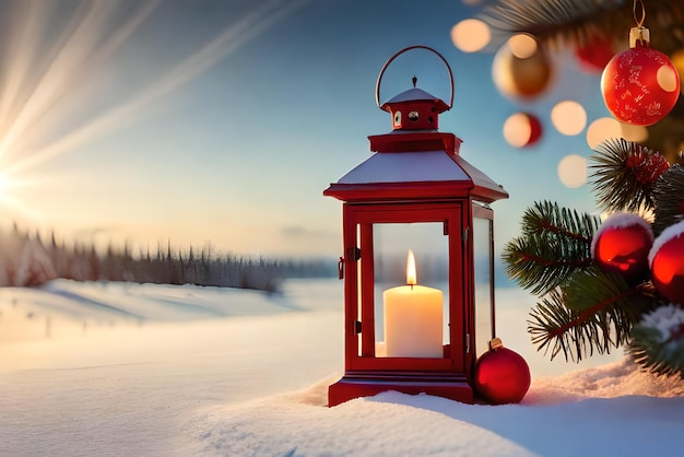 foto kerstlantaarn met dennentak en decoratie op besneeuwde tafel intreepupil achtergrond