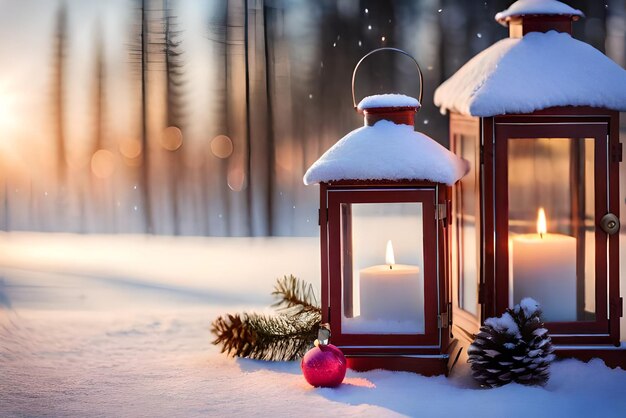 foto kerstlantaarn met dennentak en decoratie op besneeuwde tafel intreepupil achtergrond
