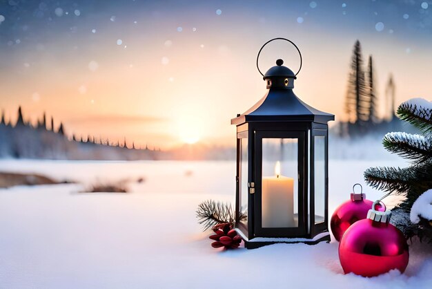 foto kerstlantaarn met dennentak en decoratie op besneeuwde tafel intreepupil achtergrond