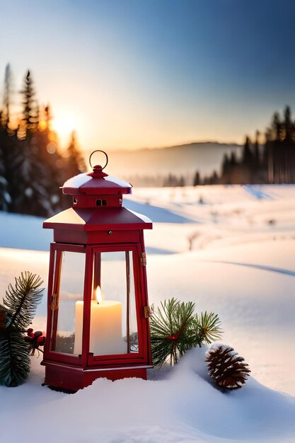 foto kerstlantaarn met dennentak en decoratie op besneeuwde tafel intreepupil achtergrond