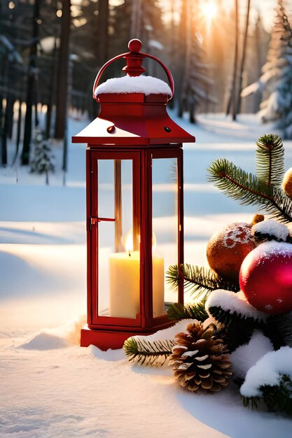 foto kerstlantaarn met dennentak en decoratie op besneeuwde tafel intreepupil achtergrond