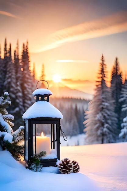 foto kerstlantaarn met dennentak en decoratie op besneeuwde tafel intreepupil achtergrond