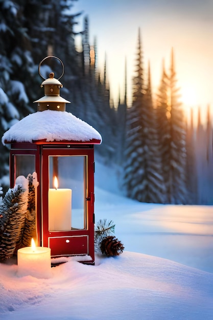 foto kerstlantaarn met dennentak en decoratie op besneeuwde tafel intreepupil achtergrond