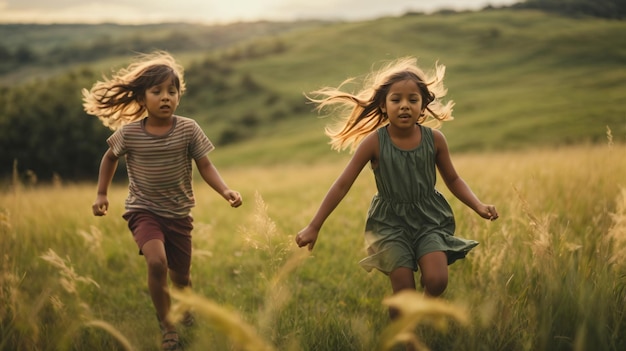 Foto foto kind achtervolgt elkaar op groen veld
