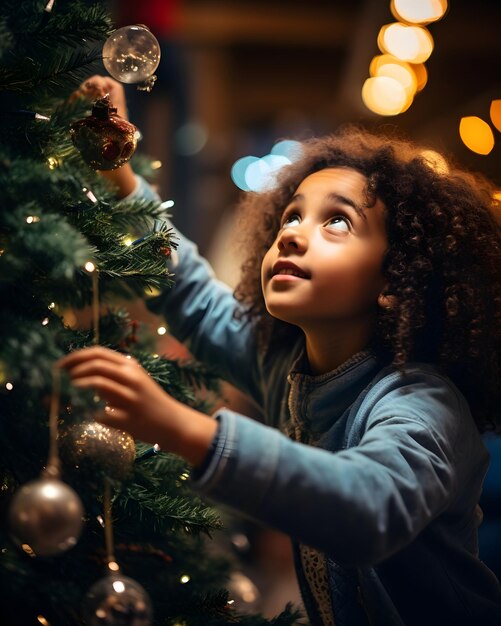 Foto kind kijkt op naar een prachtig versierde kerstboom