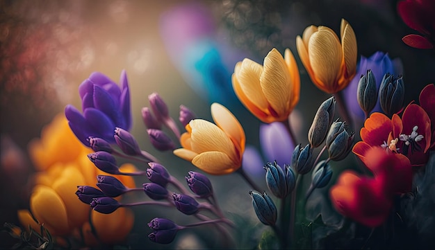 Foto kleurrijke lente bloemen achtergrond wazig bokeh-effect