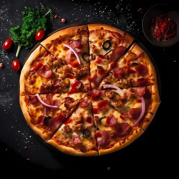 Foto krokante gemengde pizza met olijven en worst gemaakt met generatieve ai