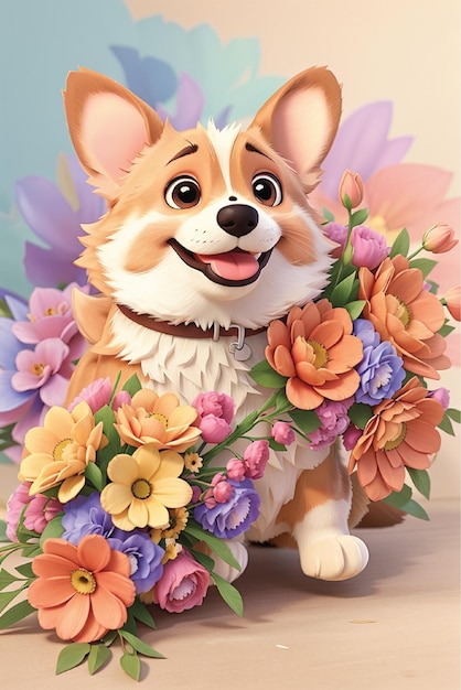 Foto lachende schattige corgi met boeket in kleurrijke bloemen geïsoleerde warme achtergrond