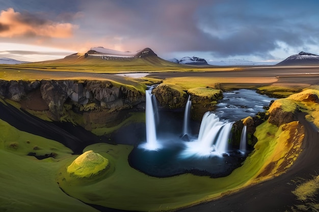 Foto landschap van zonsondergang over de berg kirkjufell met kirkjufellsfoss waterval en kleurrijke pileu