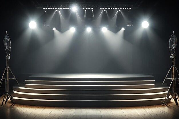 Foto foto leeg podium met verlichtingsapparatuur op een podium schijnt een schijnwerper op het podium 3d-rendering