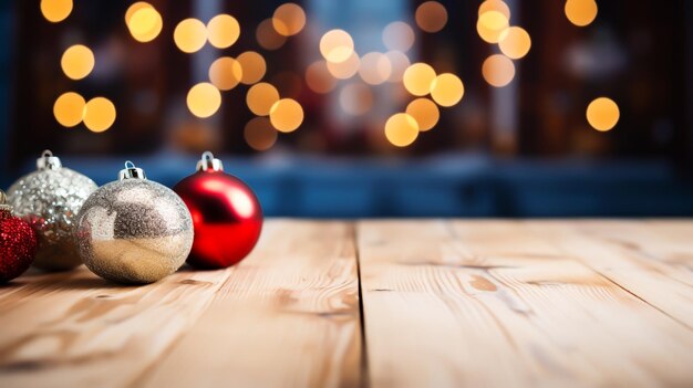 Foto foto lege houten tafel op kerstversieringen achtergrond met open haard kopieerruimte gegenereerd door ai
