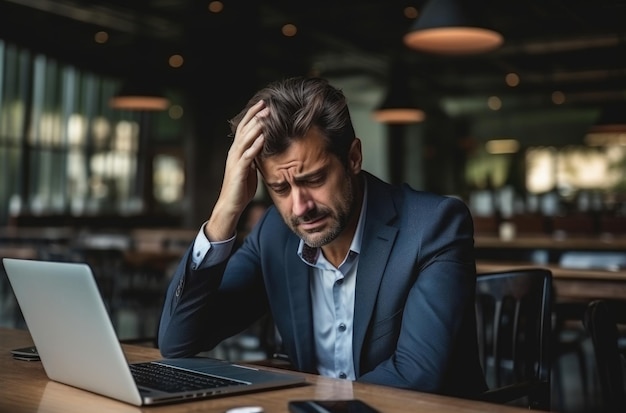 Foto man aan het werk met hand op hoofd hoofdpijn premium foto