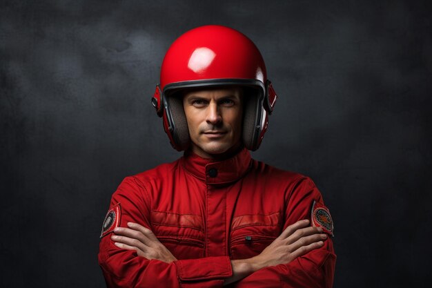 Foto man met rode helm met gekruiste armen