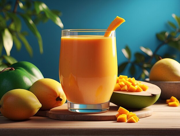 Foto mango sap en mango op een tafel