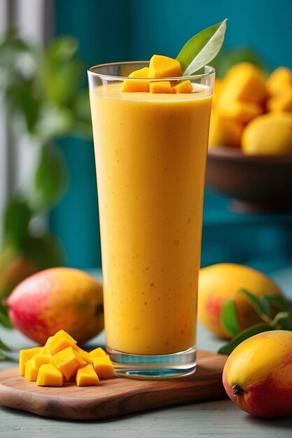 Foto mango sap en mango op een tafel