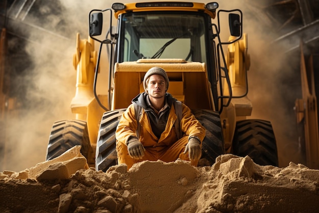 Foto foto mannelijke werknemer met bulldozer in zandkelder