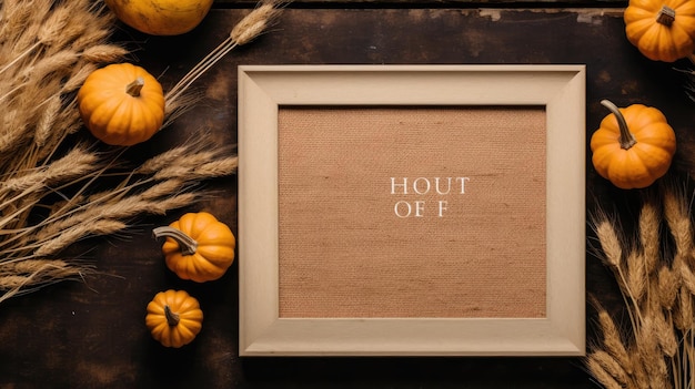 foto met een frame gemaakt van decoratief pompoenen, gedroogd gras tegen een herfstachtige achtergrond