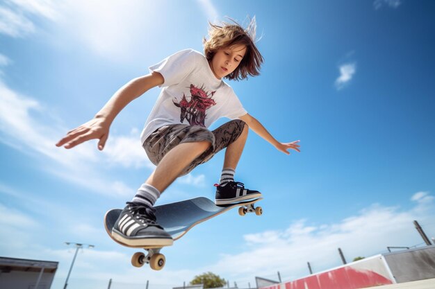 foto met lage hoek van een tiener in het skatepark die plezier heeft