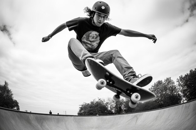 foto met lage hoek van een tiener in het skatepark die plezier heeft