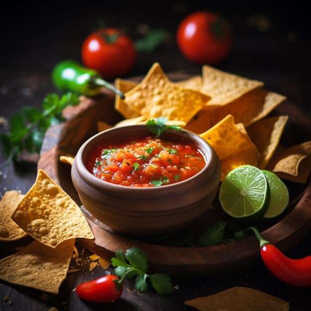 Foto Mexicaanse nacho chips en salsa dip in een schaal