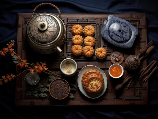 Foto midden herfst festival concept traditionele maankoeken op tafel met theekop