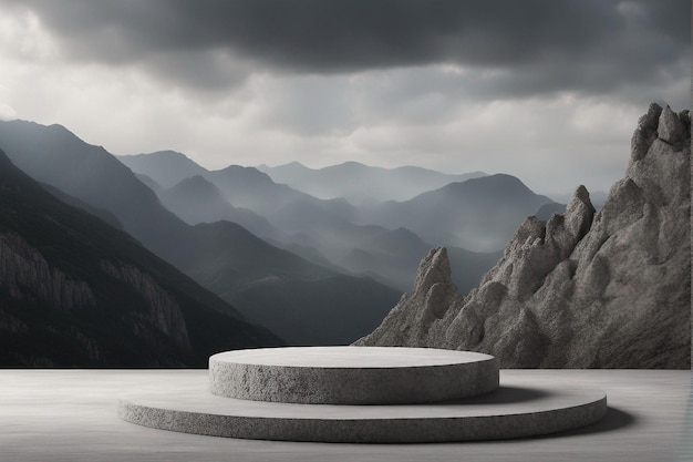 Foto minimale scène met rots podium voor product display en achtergrond wazig berg