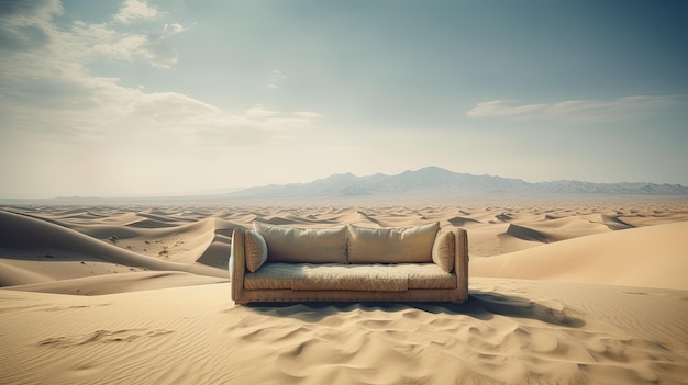 Foto minimalistische sofa geïsoleerd in het midden van de woestijn