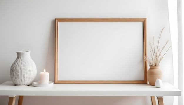 Foto mockup poster frame close-up en accessoires decor in gezellige witte interieur achtergrond