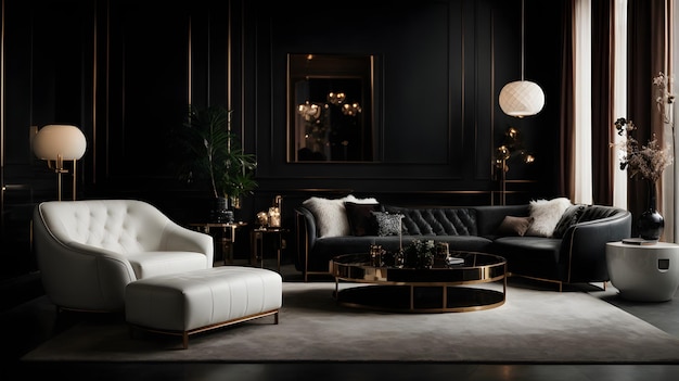 Foto foto modern donker luxe zwart interieur met witte chique meubels