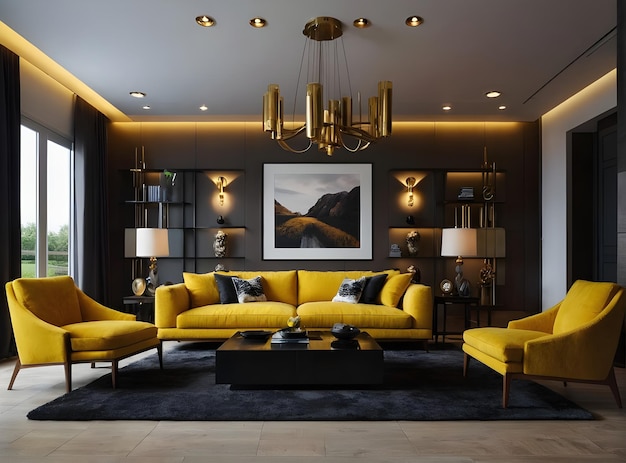 Foto moderne luxe rijke kleur en geel moderne woonkamer interieurontwerp 3D rendering