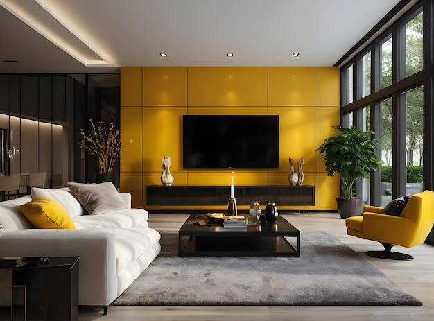 Foto moderne luxe rijke kleur en geel moderne woonkamer interieurontwerp 3D rendering