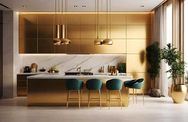 Foto moderne rijke gouden keuken en minimalistisch interieurontwerp 3d-rendering