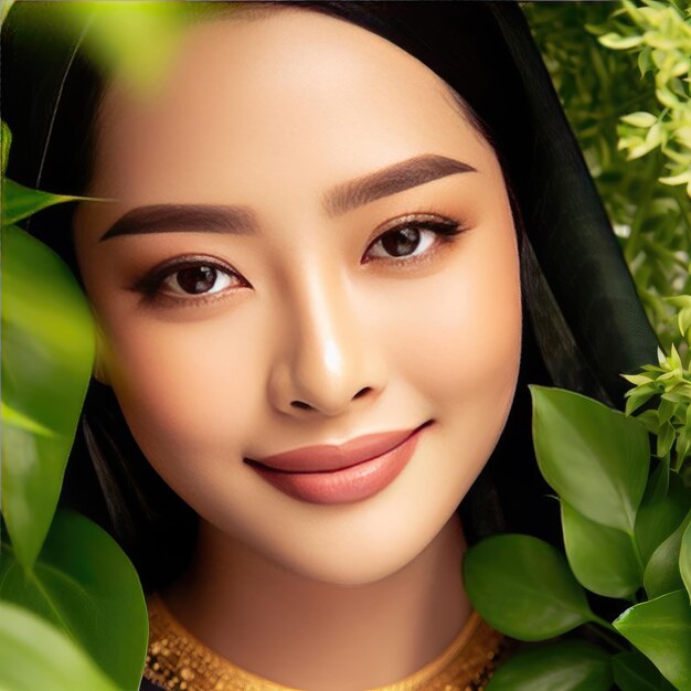 Foto foto mooi fris meisje met perfecte huid natuurlijke make-up en groene bladeren schoonheid gezicht