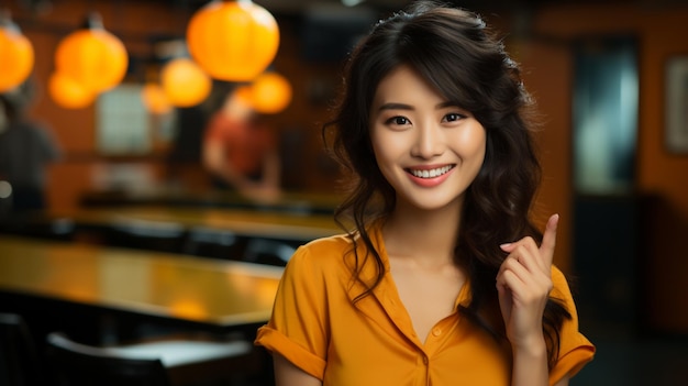 foto mooie brunette jonge aziatische vrouw toont kortingswinkelbanner op kopieerruimte