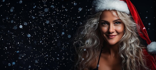 Foto mooie jonge vrouw in kerstman kostuum verkoop banner voor happy christmas day concept