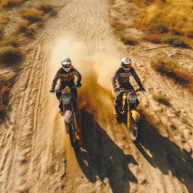 Foto foto motorcross gemonteerde motorrijder doet een race op een onverharde weg