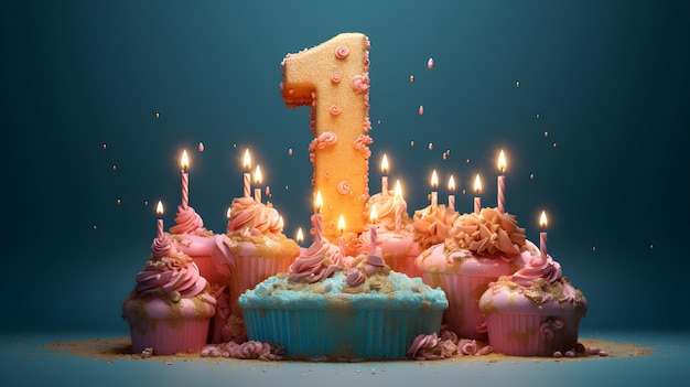Foto nummer 1 verjaardags kaars in een cupcakes voor het vieren van de eerste verjaardag generatieve ai