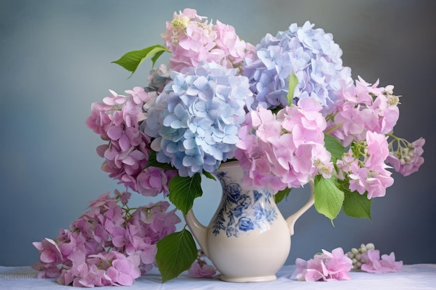 Foto og hortensia's in pastelkleuren op een lichte achtergrond in een vaas